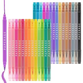 PAPERAGE Dual Tip Brush Pen Markers, 28 Pack, Flexible Brush & Round Tip Marker Set, Quick-Dry & Blendable Water-Based Ink, Vibrant & Highly Pigmented Colored Pens for Calligraphy, Coloring & Drawing