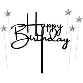 Set of 1 Black Acrylic Happy birthday Cake Topper,5 pcs silvery Star Cake Cupcake Topper(Black 1)