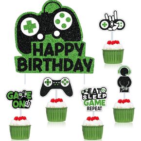 31 Piece Video Game Cake Toppers Happy Birthday Gaming Theme Cupcake Topper Birthday Party Banner Backdrop for Kids