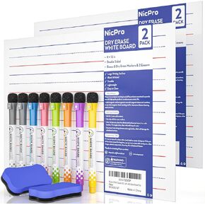 Nicpro 2 Pack Magnetic Dry Erase Lap Board, 9 x 12 inches Magnetic Lined Small Lapboard with 8 Pens, 2 Eraser, Learning Mini Whiteboard Portable for Kid Student and Classroom Use