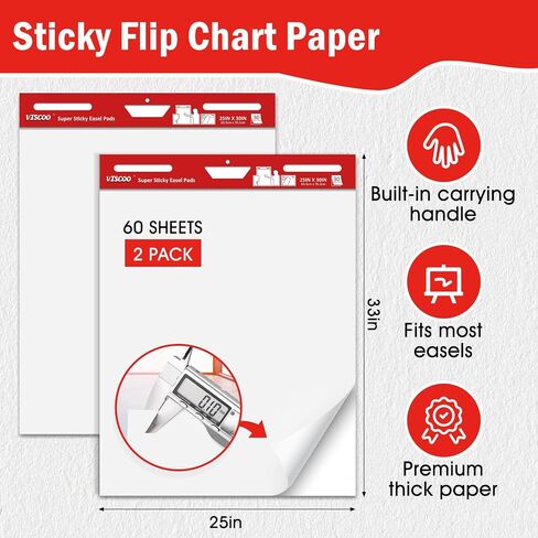 Thickened Sticky Easel Pad, 25 x 30 Inches Flip Chart Paper for Teachers, Giant Self-Stick Chart Paper for Wall, Anchor Chart Paper for Office School Classroom, 60 Sheets/2 Pads Easel Paper in Saudi Arabia