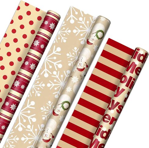 Hallmark Reversible Christmas Wrapping Paper (3 Rolls: 120 sq. ft. ttl) Merry Holidays, Snowflakes, Snowmen, Red Stripes in Saudi Arabia