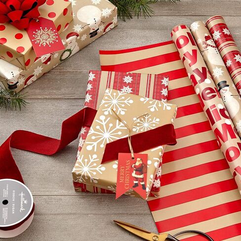 Hallmark Reversible Christmas Wrapping Paper (3 Rolls: 120 sq. ft. ttl) Merry Holidays, Snowflakes, Snowmen, Red Stripes in Saudi Arabia