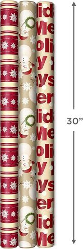 Hallmark Reversible Christmas Wrapping Paper (3 Rolls: 120 sq. ft. ttl) Merry Holidays, Snowflakes, Snowmen, Red Stripes in Saudi Arabia