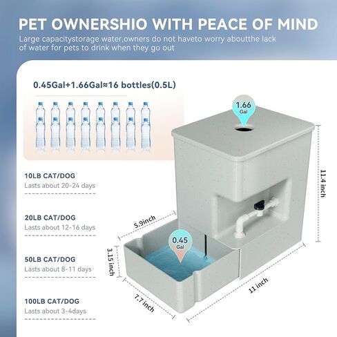 Automatic Pet Water Dispenser 8L Gravity Waterer Ultra Quite Moss-Free Avoid Dirty Water Backflow for Dogs Cats Easy Top Fill Water Feeder Pets Water Bowls 2.11 Gallon (Tank and Bowl) (Grey, 2.11Gal) in Saudi Arabia