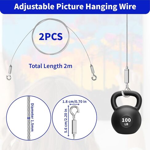 2pcs سلك قابل للتعديل للتعليق ، صورة مرآة ترقية صورة معلقة سلك شاق 2MX 1.5 مم ، حبل سلك الفولاذ المقاوم للصدأ للعمل الفني الثقيل ، والضوء ، ومصباح معلقة حتى 30 كجم (66 رطل) in Kuwait