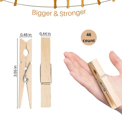 Clothes Pins Wooden,46 Pack,3.55 Inch,Natural Wood,Rust Resistant Wooden Clothespins,Heavy Duty Wooden Clothes Pins for Laundry,Clothes Pins for Craft,Wooden Clips for Pictures in Saudi Arabia