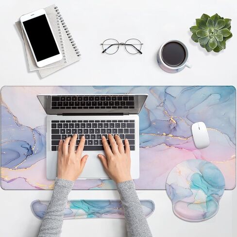 Arttown Blue White Lradient Desk Mart Marble Mouse Pad 4 in 1 Oction Ocean Ocean Design Barge Mouse Pad + Keyboard Rest + Mouse Wrist Rest + Coast in Saudi Arabia