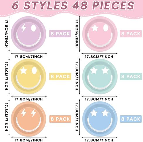48pcs الباستيل ابتسامة الوجه لوازم الحفلات الباستيل ابتسامة الوجه لوحات الورق 7 "الملونة preppy ابتسامة الوجه لوحات الحلوى preppy ديكورات للحفلات للأطفال. in Kuwait