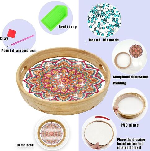 DIY Diamond تقديم صينية جولة يدويًا مصنوعة يدويًا ، صينية فطور الخشبية مع مقابض عشاء لقهوة غرفة المعيشة المنظمة قطرها 21.5 سم-جرو أبيض. in Saudi Arabia