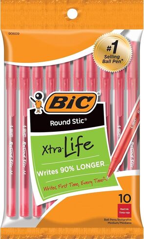 BIC Round Stic Xtra Life Red Ballpoint Pens, Medium Point (1.0mm), 10-Count Pack of Bulk Pens, Flexible Round Barrel for Writing Comfort, No. 1 Selling Ballpoint Pens in Saudi Arabia