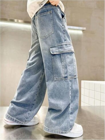 Verdusa Boy's Cargo Jeans Elastic Waist Wide Leg Long Denim Trousers with Pocket in Saudi Arabia