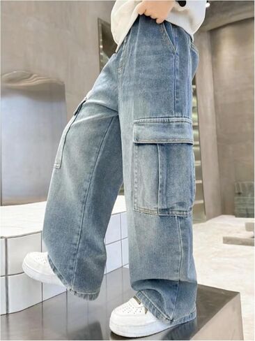 Verdusa Boy's Cargo Jeans Elastic Waist Wide Leg Long Denim Trousers with Pocket in Saudi Arabia