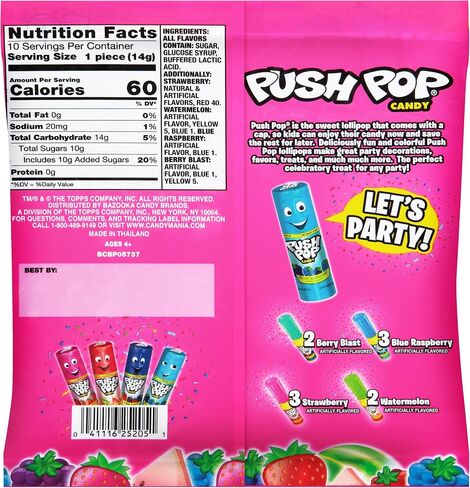 Push Pop Candy Lollipops - Individually Wrapped Variety Candy Party Pack - 10 Count Lollipops in Assorted Fruity Flavors - Fun Candy for Gifts, Celebrations, Party Favors, Gift Baskets, & Birthdays in Saudi Arabia