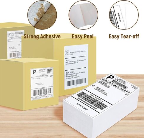 4 "× 6" تسميات Fanfold تسميات حرارية مباشرة ، ملصقات حزمة الشحن مع خط مثقوب للطابعات الحرارية (500 ملصقات/مكدس ، 1 مكدس) in Kuwait