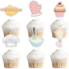 Cooking Chef Dessert Cupcake Toppers,Gold Glitter 18pcs Set Cooker Cooking Chef Decor, Kids Happy Birthday Party Decoration…