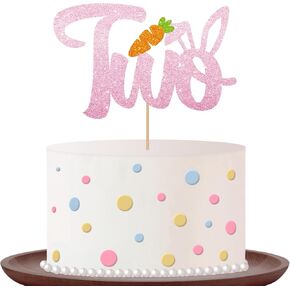 Bunny Two Cake Topper, Pink Glitter Some Bunny Is Two Cake Topper, Easter Second Birthday Cake Decor, Easter Rabbit Cake Decoration for Girls, Happy Easter Themed Baby Shower Party Decoration
