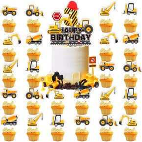 25pcs Construction 5th Birthday Party Supplies, Dump Truck Excavator Crane Cupcake Toppers Decoration, Construction Theme Happy Birthday Cupcake Toppers Baby Shower Kids Boy Decorations (5th)