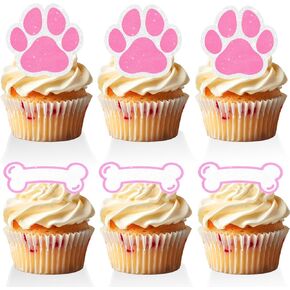 18 PCS Paw Print Cupcake Toppers for Girls Baby Shower Pink Glitter Bone Puppy Cake Toppers Dog Birthday Themed Party Decorations Let's Pawty Supplies