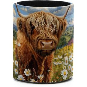 Large Capacity Colored Pen Holder for Desk,Highland Cow Daisies Leathe Pencil Holder Makeup Brush Holders, Desk Accessories & Workspace Organizers for Home, School & Office