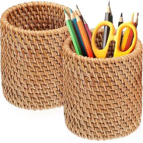 Woven Pen Holder 2pcs Handmade Wicker Pen Holder Boho Rattan Pencil Holder Makeup Brush Holder Desk Organizer Toothbrush Storage Container for Office Home School Kitchen