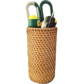 Handmade High Wall Rattan Pen Cup,Tea Items Desk Holder,Wicker Pencil Décor Holder Flower Vase For Dry Flower,Rustic Makeup Brushes Holder Stand, Table Loose Items Organizer (High Cylinder)