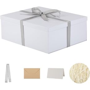 Extra Gift Box with Lid 17x13x6 Inches, White Gift Boxes for presents Packaging for Birthdays, Valentine's Day, Christmas, Anniversaries (Include Shredded Paper Fill, Envelope Card Ribbon)