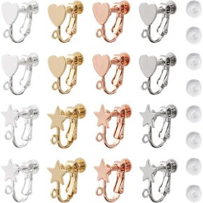 KISSITTY Clip-on Earring Converters Star Heart Non Pierced Earring Clip Components Findings with Loop for Earrings Jewelry Making for Women with Earring Pads