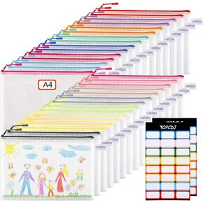 30PCS Mesh Zipper Pouch Bags, A4 13.5x9.5 Inches Waterproof Mesh Bags with Zipper, Plastic Zipper Pouches for Organizing, Mesh Bags for Travel Storage School Supplies, 15 Colors Assortment