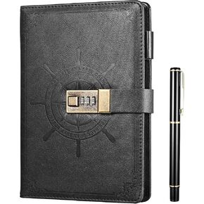 Kesote Black Journal with Lock, Refillable Faux Leather Lock Diary Notebook Planner Organizer with Pen, A5 College Ruled 210 Lined Pages Locking Journal Notebook