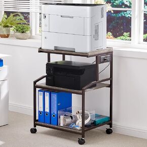 Lauren&Harold 34'' Printer Stand with Storage 3-Tier Printer Table with Power Outlets and USB Ports, Rolling Printer Cart with Adjustable Shelf, Large Black Printer Stand with Wheels for Home Office