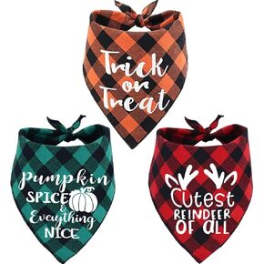 Holiday Plaid Dog Bandanas 3 Pack, Halloween Thanksgiving Christmas Scarf Set for Dogs