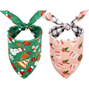 CROWNED BEAUTY Christmas Dog Bandanas Reversible Large 2 Pack, Santa Spruce Set, Adjustable Triangle Scarves for Medium Large Extra Large Dogs Girl Boy Pets DB82-L