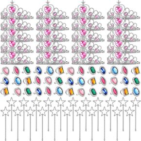 Yingzhao 96 Pcs Princess Pretend Party Costume Dress Up Play Set Includes 24 Crown Tiaras, 24 Star Wands, 48 Pcs Little Girl Jewel Rings, Princess Girls Party Favors Costume Play Set for Little Girls