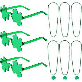Sucrain 9PCS St Patrick's Day Party Favors Set Includes 3pcs Green Bead Necklaces, 3pcs Shamrock Necklaces and 3pcs Sunglasses for Party Accessories Favor Irish Great Party Supplies