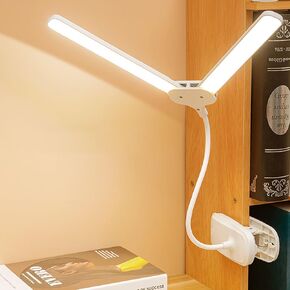 مصباح مكتب LED مزدوج الرأس مع المشبك ، مقطع مشاركة في العين على الأضواء للمكتب المنزلي ، 4000 مللي أمبير في الساعة مصابيح طاولة تعمل بطارية قابلة للشحن ، 3 أوضاع للإضاءة وخفيفة خافتة للأطفال
