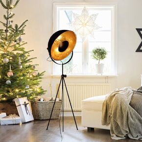 Modern Vintage Industrial Tripod Stand LED Floor Lamp Satellite Light Large Shade Deco Adjustable Vertical Reading Lamp, 14'' Media Design Fixture Nautical Elegant Interior Lighting (Black,Matte Gold)