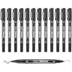 YISAN Permanent Markers Ultra Fine Point, Black,Twin Tip,Dual Tip, for Glass, Plastic,Wood,Stone,12 count,70788