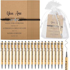 24 Sets Christian Gifts Bulk Include Bible Verse Inspirational Bamboo Pens Friendship Cross Bracelets Inspirational Cards and Organza Bags for Women Men Church Office School Journal Party Favors