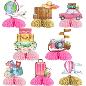 Kreatwow 8pcs Travel Honeycomb Centerpieces Travel Party Decorations Travel Themed Party Table Decorations Pink Let the Adventure Begin Table Topper for World Map Birthday Baby Shower