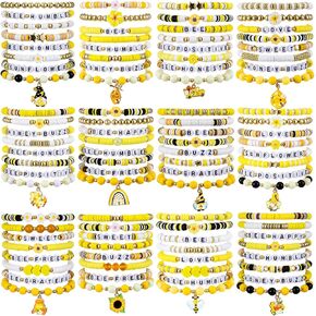 Ecally 96 Pcs Bee Clay Beaded Bracelets Sunflower Honey Bee Stretch Bracelets Friendship Accessories for Party Favor Birthday Jewelry Gifts