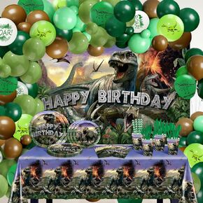 Dinosaur Birthday Decorations - 280 PCS Party Pack with Backdrop, Balloon Arch, Tableware & Supplies for Boys