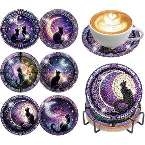 croshom Diamond Art Coasters Kits for Adults - 6 PCS Cat DIY Coaster Diamond Art Kit with Holder, Diamond Painting Coaster for Adults Beginner, Diamond Crafts Kits