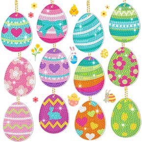 12 Pieces Easter Diamond Painting Keychain 5D DIY Diamond Painting Kit Easter Egg Hanging Diamond Art Kits Cute Diamond Art Easter Ornaments for Kids Crafts Family Decor