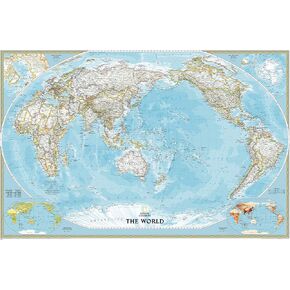 National Geographic World Classic ، خريطة الجدار المتمحورة حول المحيط الهادئ - كبير جدًا - 73 × 48 بوصة - طباعة جودة الفن