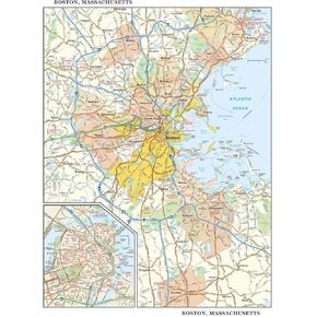 Globe Turner Boston, Massachusetts Wall Map, Large - 22.75" x 29" Laminated, Full Color, Coated Paper, Road Map