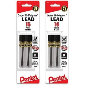 Pentel Super Hi-Polymer Lead Refill (1.3mm) B, 8Pcs/Tube, 2Pk,Red White