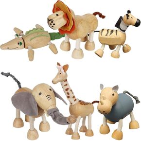 6 Pack Bendable Wooden Animal Figurines Toys, Smooth Natural Wood Zoo Jungle Safari Animals Figures Toys, Preschool Learning & Education Toys for Toddlers Kids
