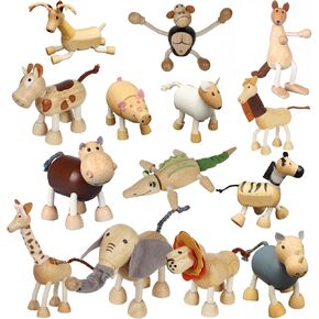 6 Pack Bendable Wooden Animal Figurines Toys, Smooth Natural Wood Zoo Jungle Safari Animals Figures Toys, Preschool Learning & Education Toys for Toddlers Kids