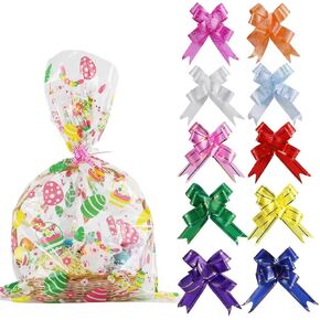 LOKIPA 10PCS Easter Basket Bags, Large Easter Basket Cellophane Bags with 10 PCS Colorful Pull Bow for Gifts Baskets Easter Party Favor Supplies(35.4X23.6 Inches)
